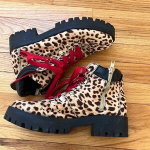 Aqua Knox Leopard Print Chunky Combat Boots, Size 10